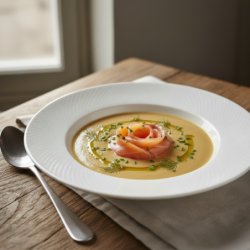 Velouté hélianthis servi avec saumon fumé maison – Le Picnic Français